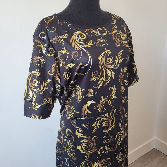 Formal Elegant Midi Dress Church Gold Black Half Sleeve Waist Tie Modest 2XL - Picture 2 of 10